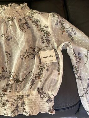 meraki Cream High neck, Swiss Dot Blouse with Green & Brown Floral